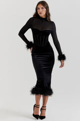 Lianna Black Velvet Midi Dress