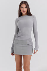 Floria French Grey Boat Neck Long Sleeve Top