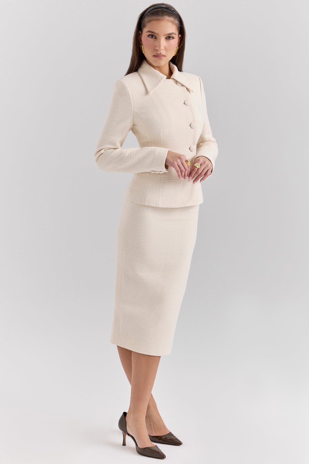 Lena Cream Boucle Pencil Midi Skirt