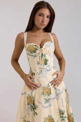 Rosalee Lemon Vintage Ribbon Print Cotton Midi Dress