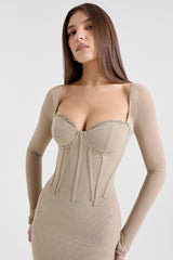 Saisha Beige Mesh Long Sleeve Bodycon Midi Dress