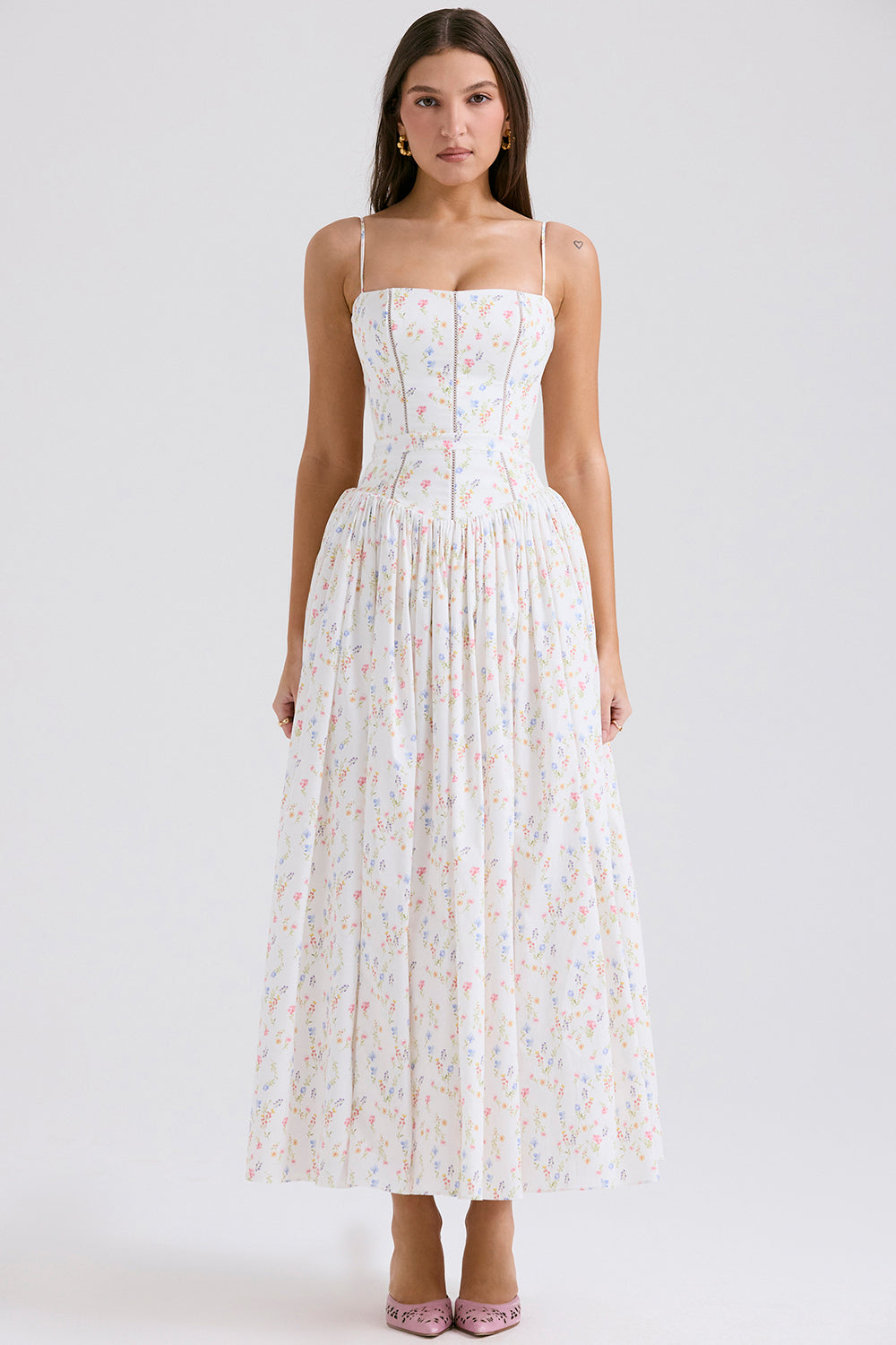 Ysabella White Posy Print Cotton Maxi Sundress