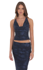 Floral Cowl Neck Halter Top in Navy