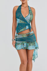 Mistress Rocks Ocean Teal Print Asymmetric Mini Skirt - SALE