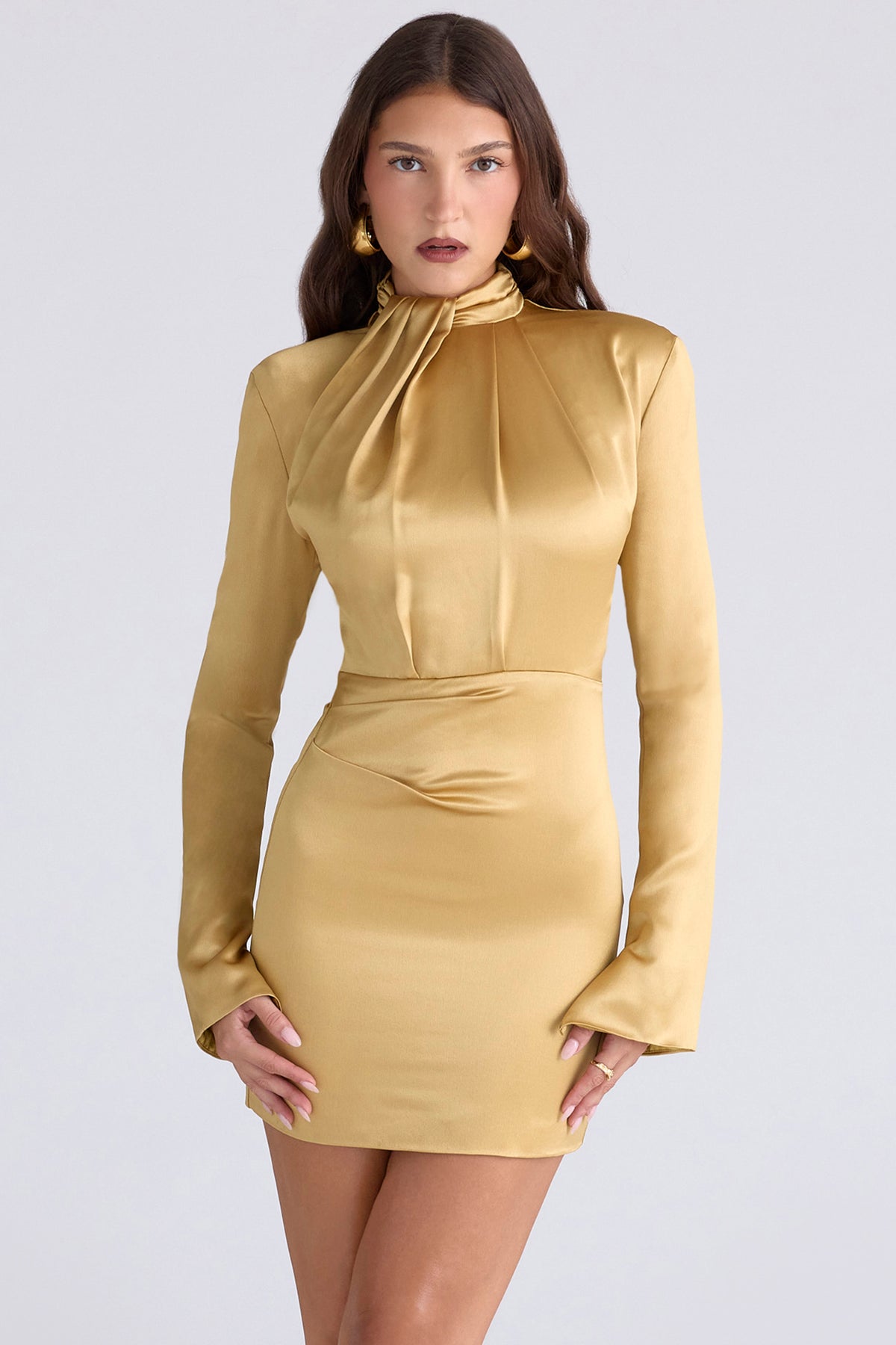 Amala Gold Long Sleeve Satin Mini Dress