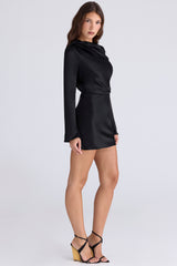 Mariska Black Satin Long Sleeve Backless Mini Dress