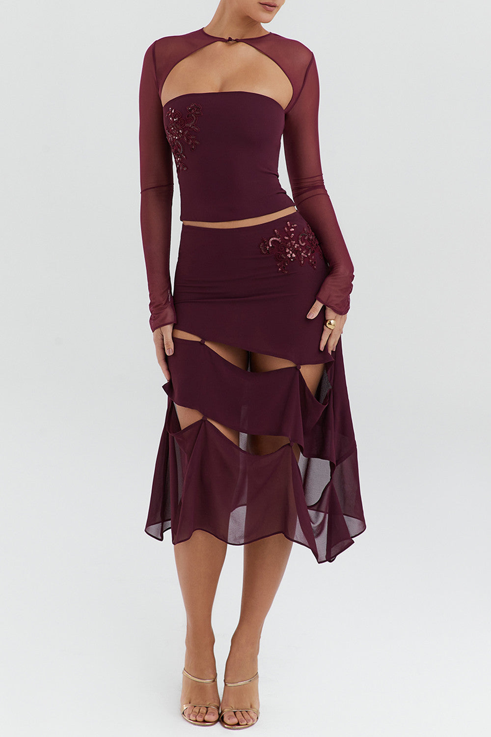 Mistress Rocks Black Cherry Embellished Midi Skirt - SALE
