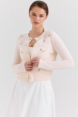 Anjou Cream Lambswool Rose Embroidered Cardigan