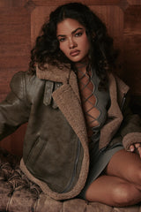 Madden Army Green Vegan Shearling Aviator Jacket