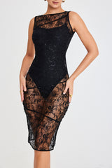Mistress Rocks Black Sequin Lace Midi Dress With Bodysuit - SALE