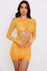 Jeanelle Orange Ruched Mesh Long Sleeve Cutout Mini Dress