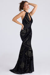 Oliviana Black & Gold Devore Velvet Maxi Gown