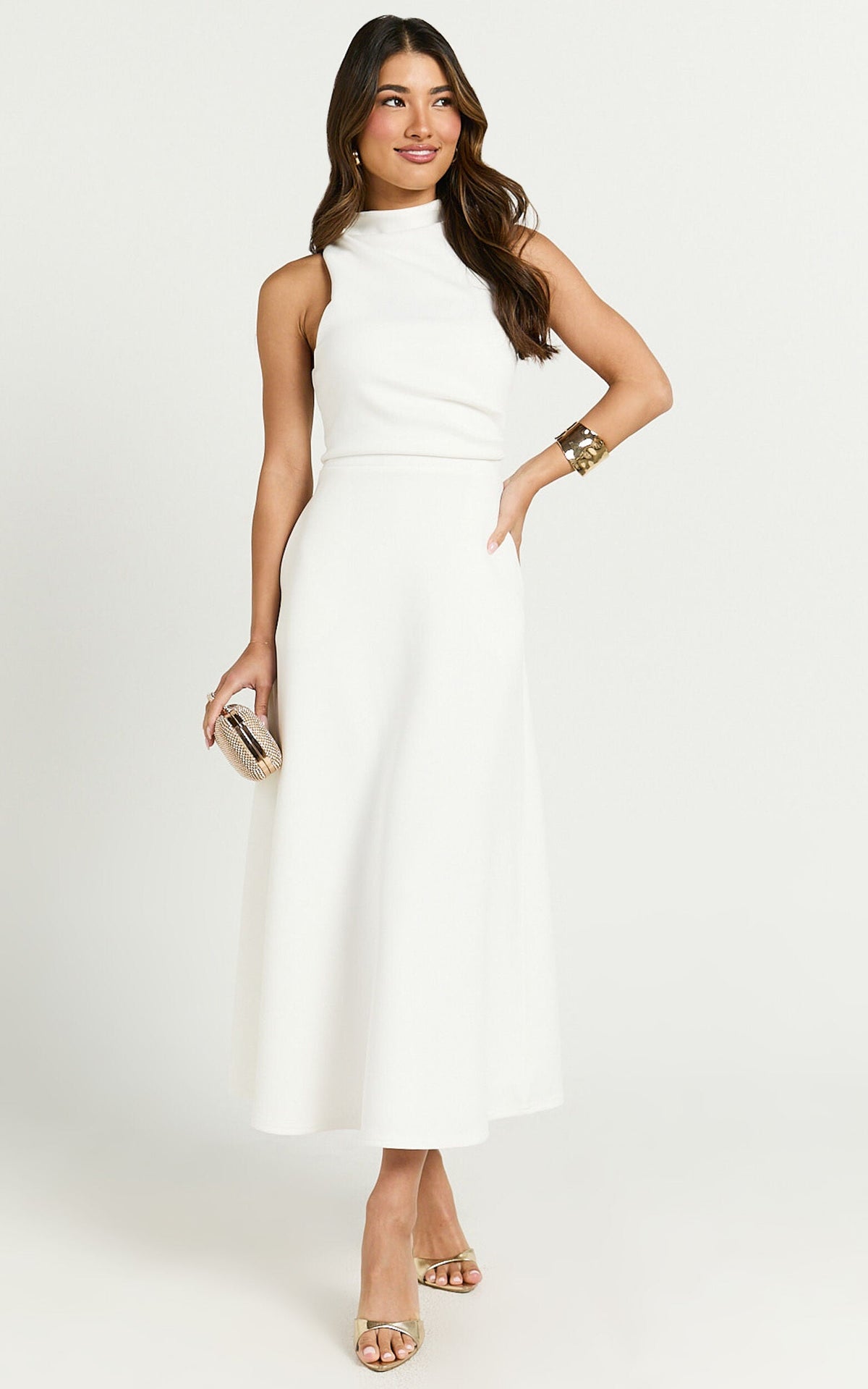 Macy Midi Dress - High Neck A Line Dress in Off White