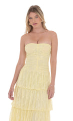 Lace Ruched Ruffle Maxi Dress in Yellow