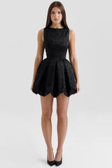 Melika Black Backless Embroidered Mini Puffball Dress