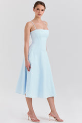 Dolly Soft Blue Stretch Cotton A-Line Midi Sundress