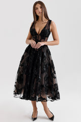 Sianna Black Embroidered Tulle Corset Midi Dress