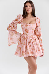 Sancia English Vintage Rose Print Puff Sleeve Mini Dress