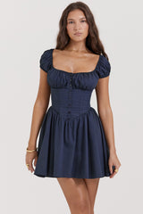 Nala French Navy Gathered Mini Dress