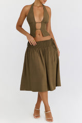 Mistress Rocks Olive Shirred Waist Midi Skirt - SALE