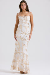 Capriana White & Gold Jacquard Satin Gown