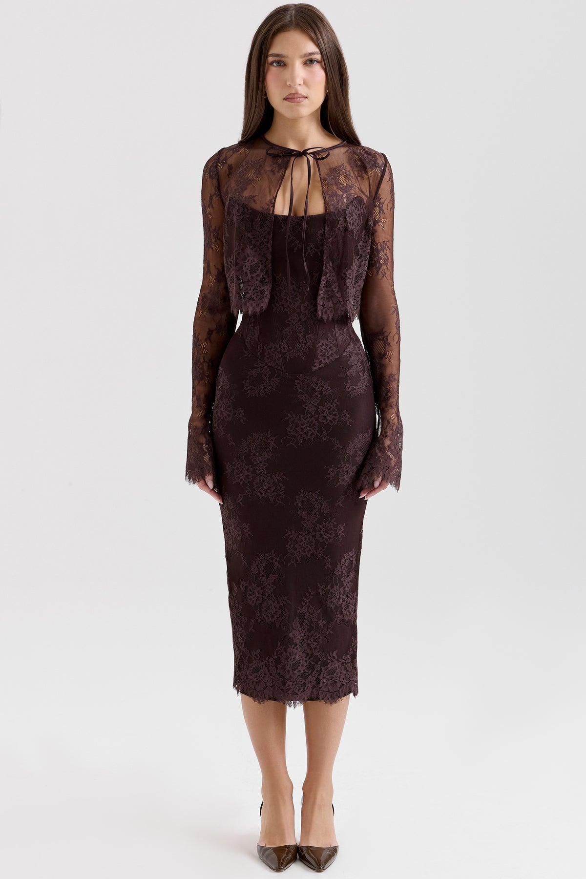 Larra Bitter Chocolate Lace Corset Midi Dress & Bolero
