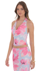 Floral Cowl Neck Halter Top in Blue and Pink