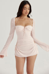 Baby Pink Quartz Chiffon Cutout Halter Mini Dress