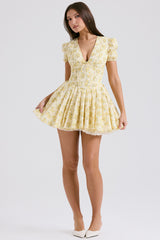 Imani Buttercup Vintage Floral Print Pleated Cotton Mini Dress