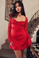 Jennica Red Rose Satin And Lace Mini Dress