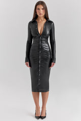Viola Black Vegan Leather Long Sleeve Midi Dress