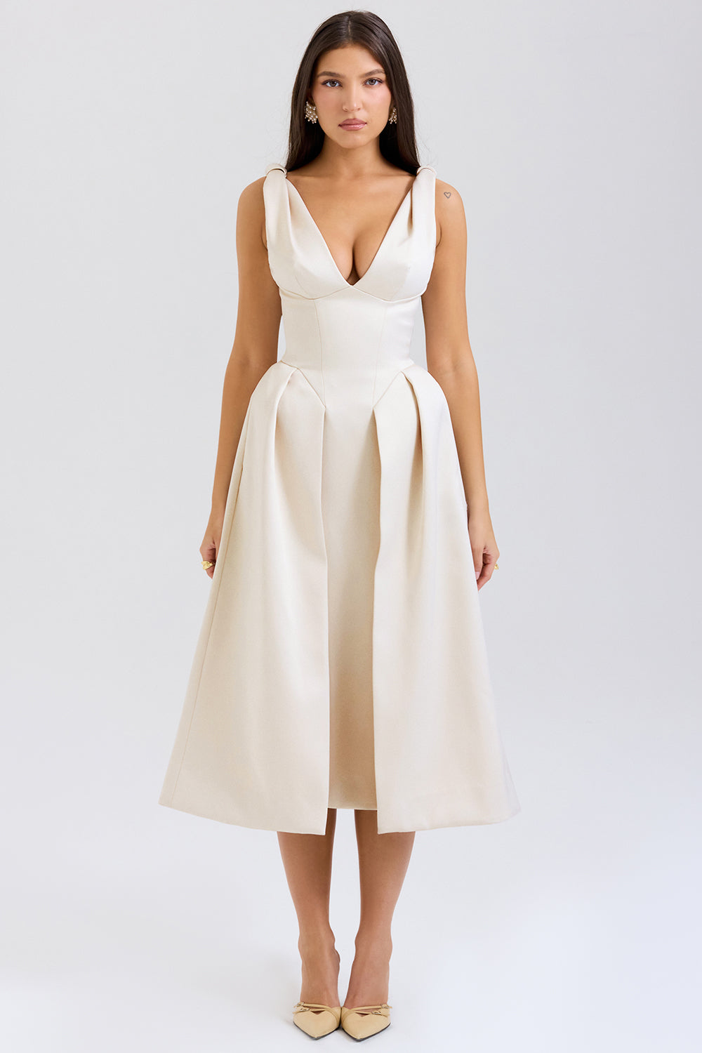 Paloma Vintage Cream Satin Pleated Midi Dress - SALE