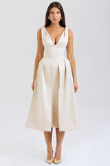 Paloma Vintage Cream Satin Pleated Midi Dress - SALE