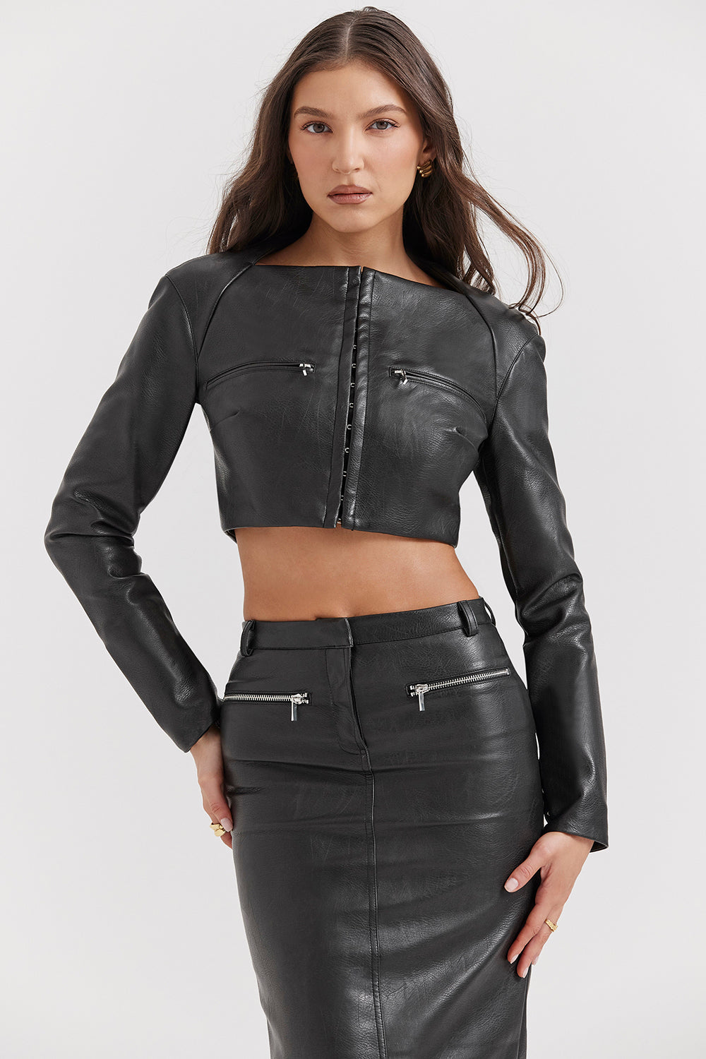 Ione Black Vegan Leather Cropped Top