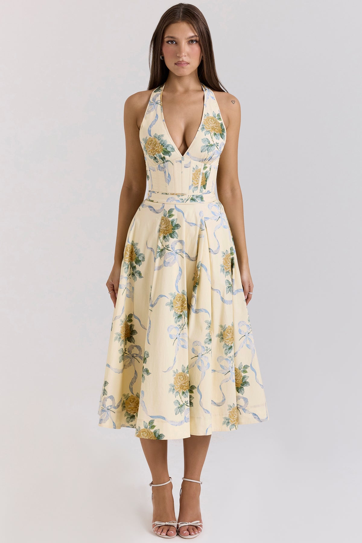 Allena Lemon Ribbon Stretch Cotton Halter Midi Sundress