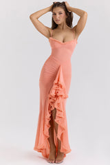 Gabbi Peach Mesh Ruffled Front Gown