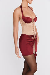 Mistress Rocks Dark Cherry & Biscuit Lace Up Corset Mini Dress - SALE