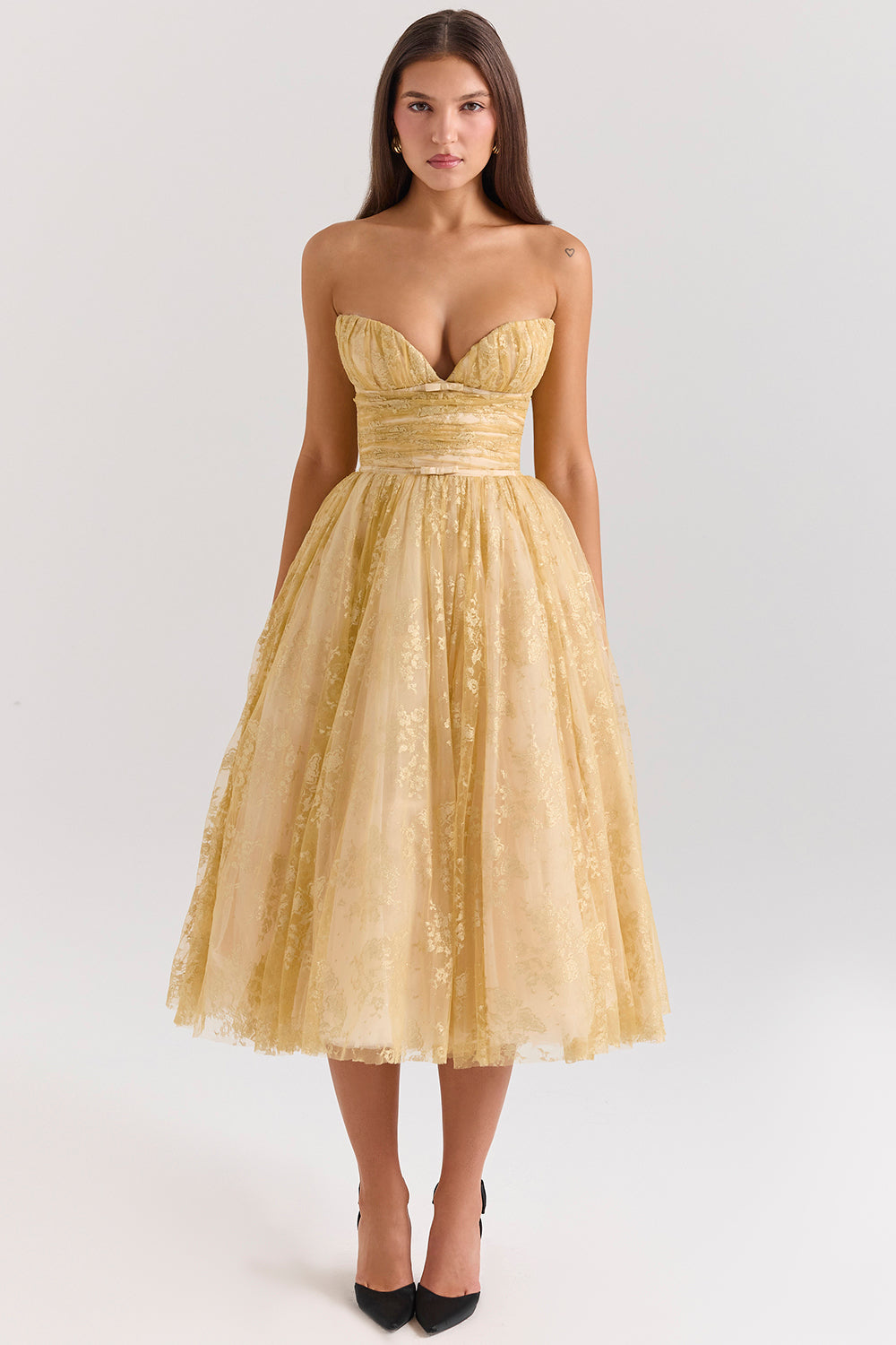 Madame Gold Metallic Lace Tulle Midi Gown