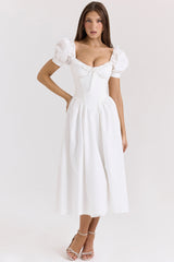 Lulabell White Stretch Cotton Puff Sleeve Midi Dress