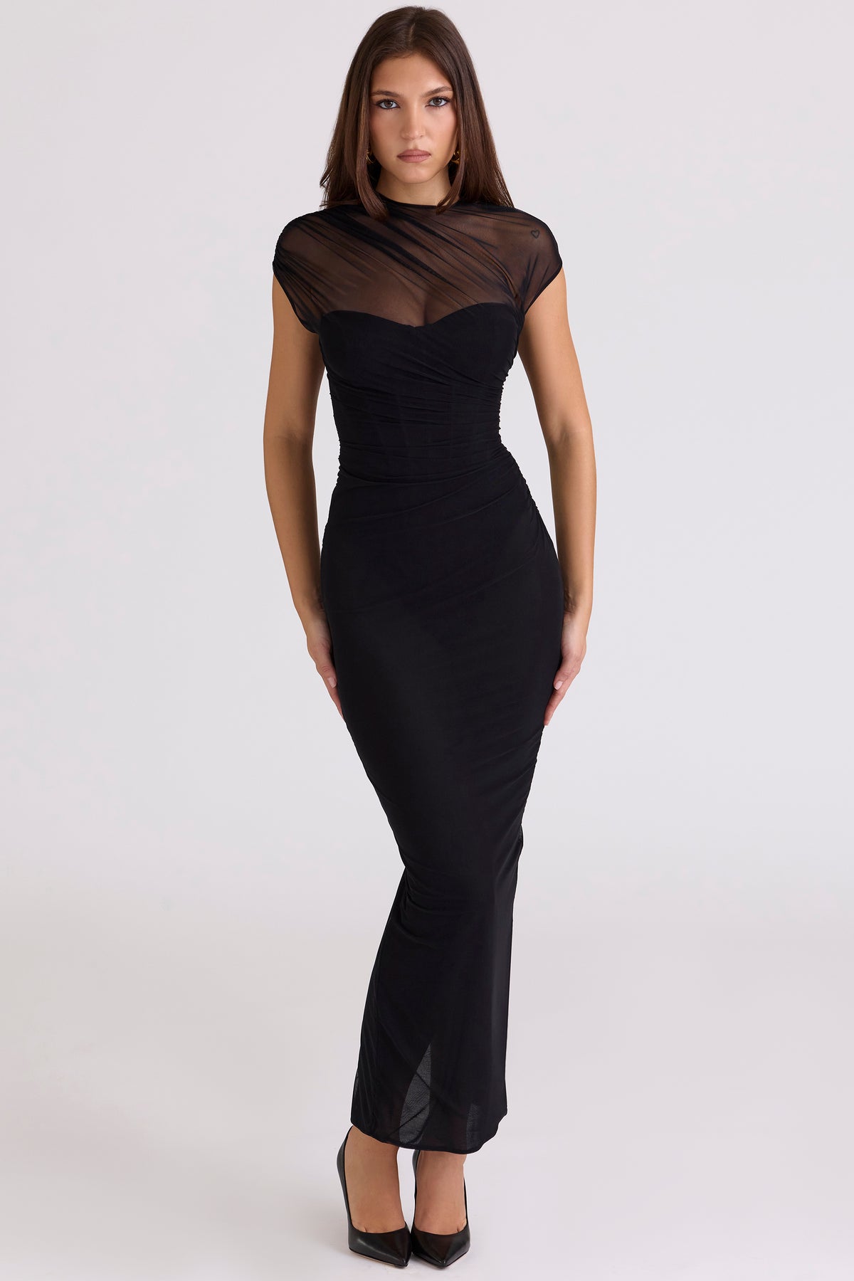 Orelia Black Draped Mesh Maxi Dress