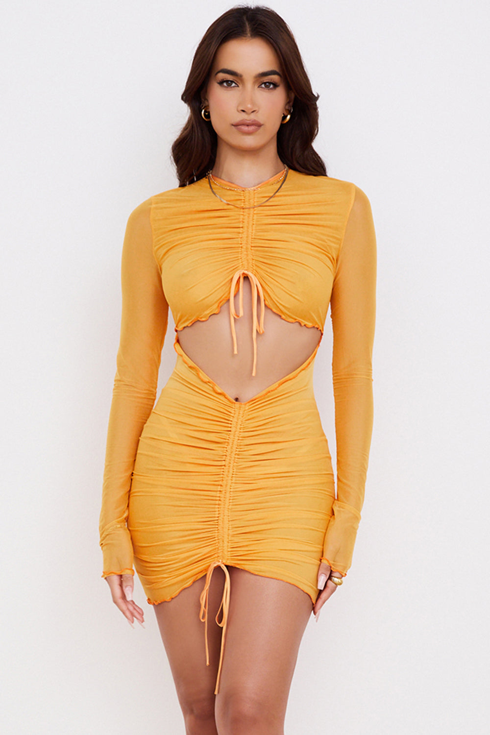 Jeanelle Orange Ruched Mesh Long Sleeve Cutout Mini Dress