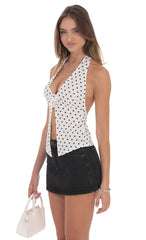 Polka Dot Flower Plunge Neck Top in White