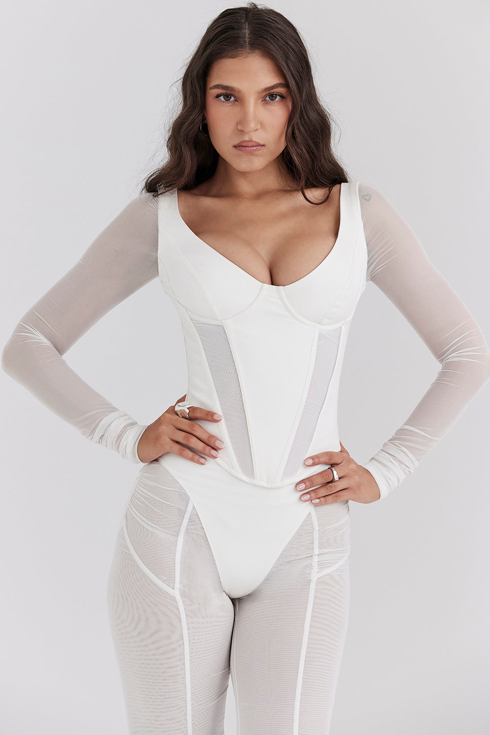 Araminta White Long Sleeve Mesh Corset