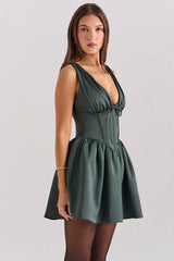 Emmeliette Forest Green Satin Mini Dress