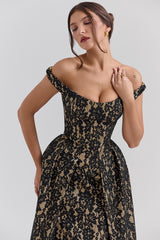 Charming Black Gold Lace Off Shoulder Midi Gown