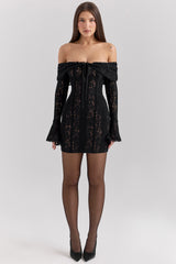 Sadie Black Floral Lace Off Shoulder Mini Dress