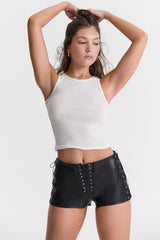 Azora Black Vegan Leather Micro Mini Shorts