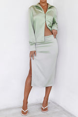 Over YouMistress Rocks  Sage Satin Midi Skirt - SALE