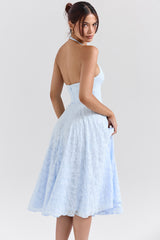 Arietta Bluebell Floral Jacquard Halter Midi Dress