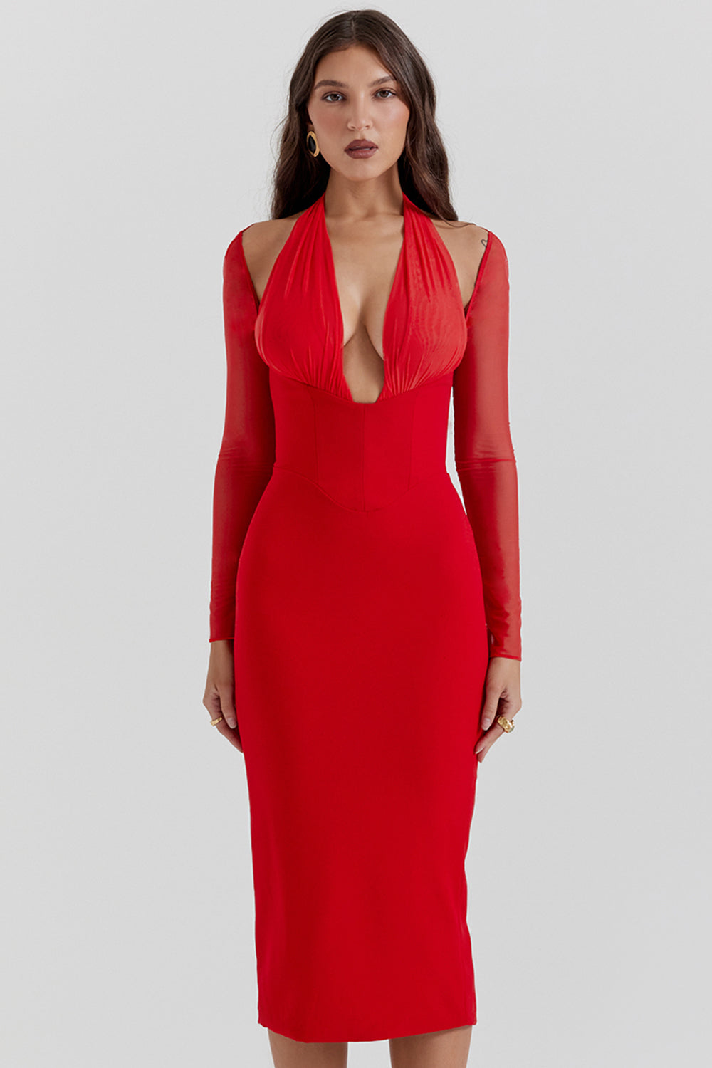 Yasmin Scarlet Plunge Midi Dress